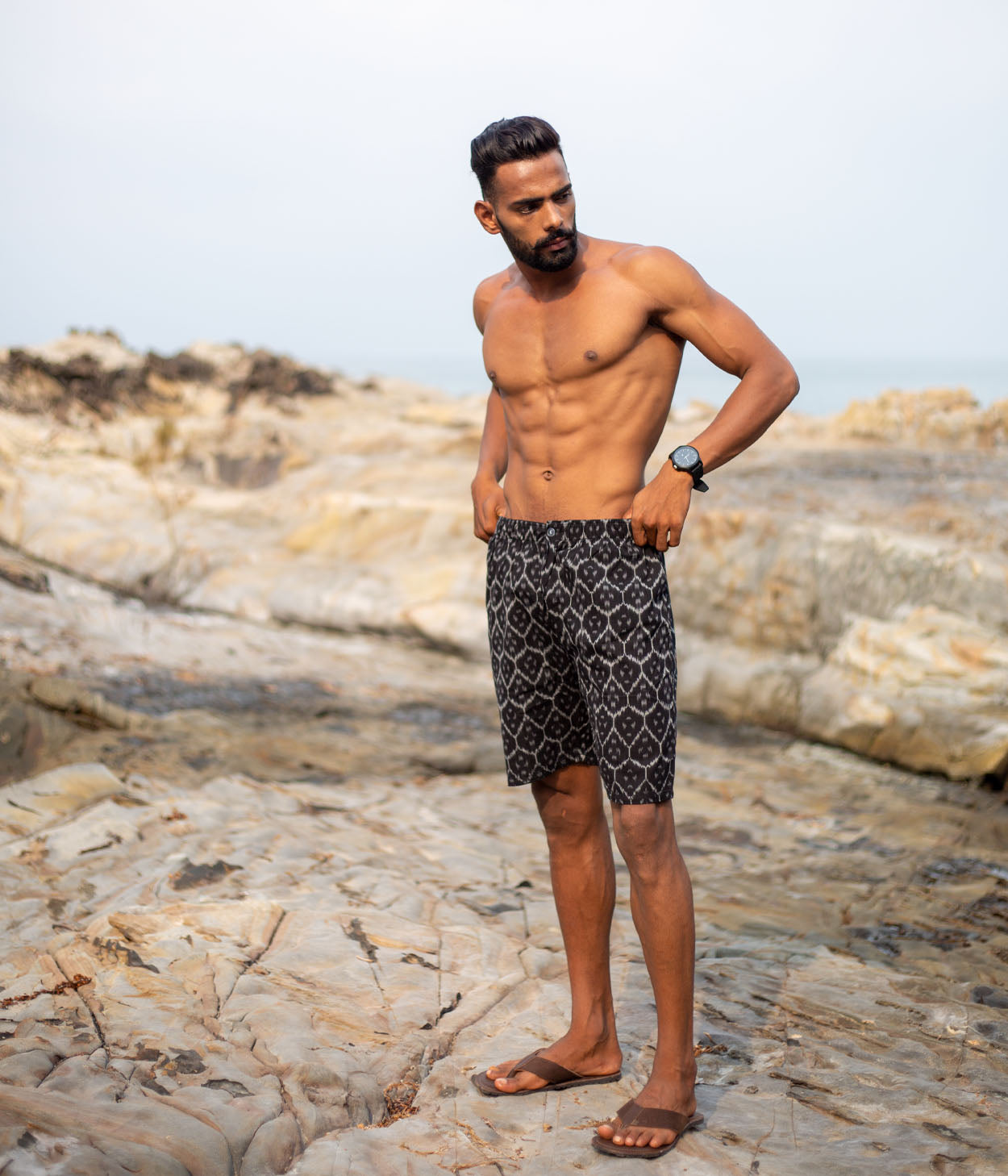 Black Honeycomb Patterned Ikat Mens Shorts