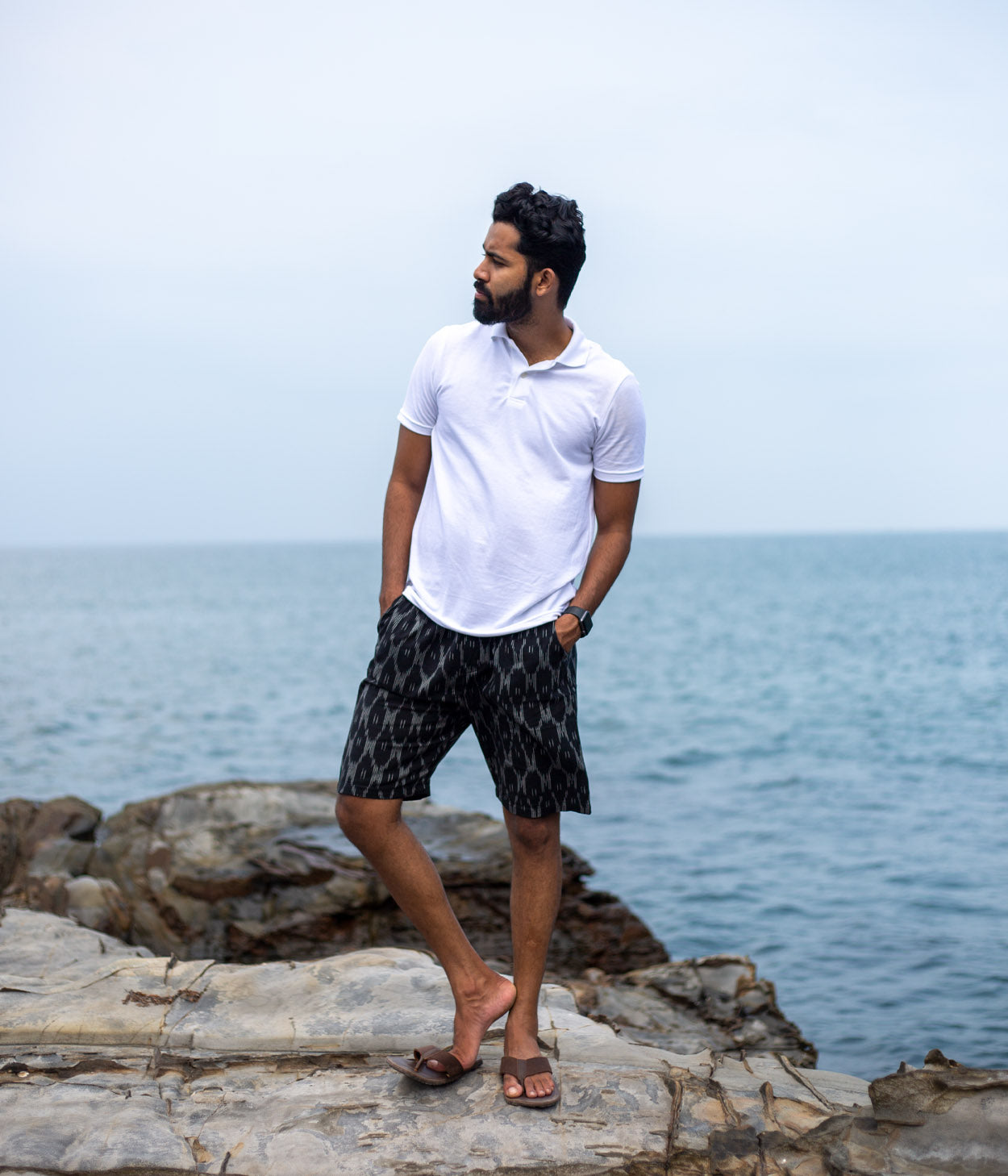 Black-White Patterned Ikat Mens Shorts