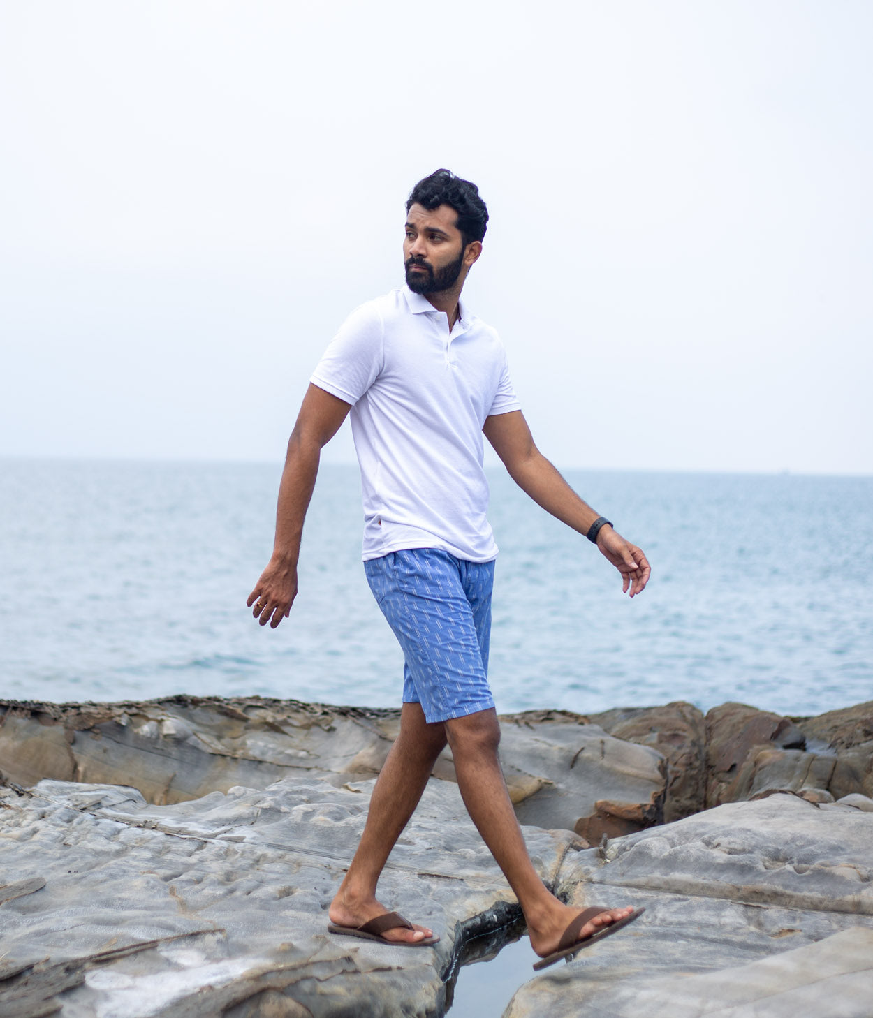 Faded Blue-White Patterned Ikat Mens Shorts