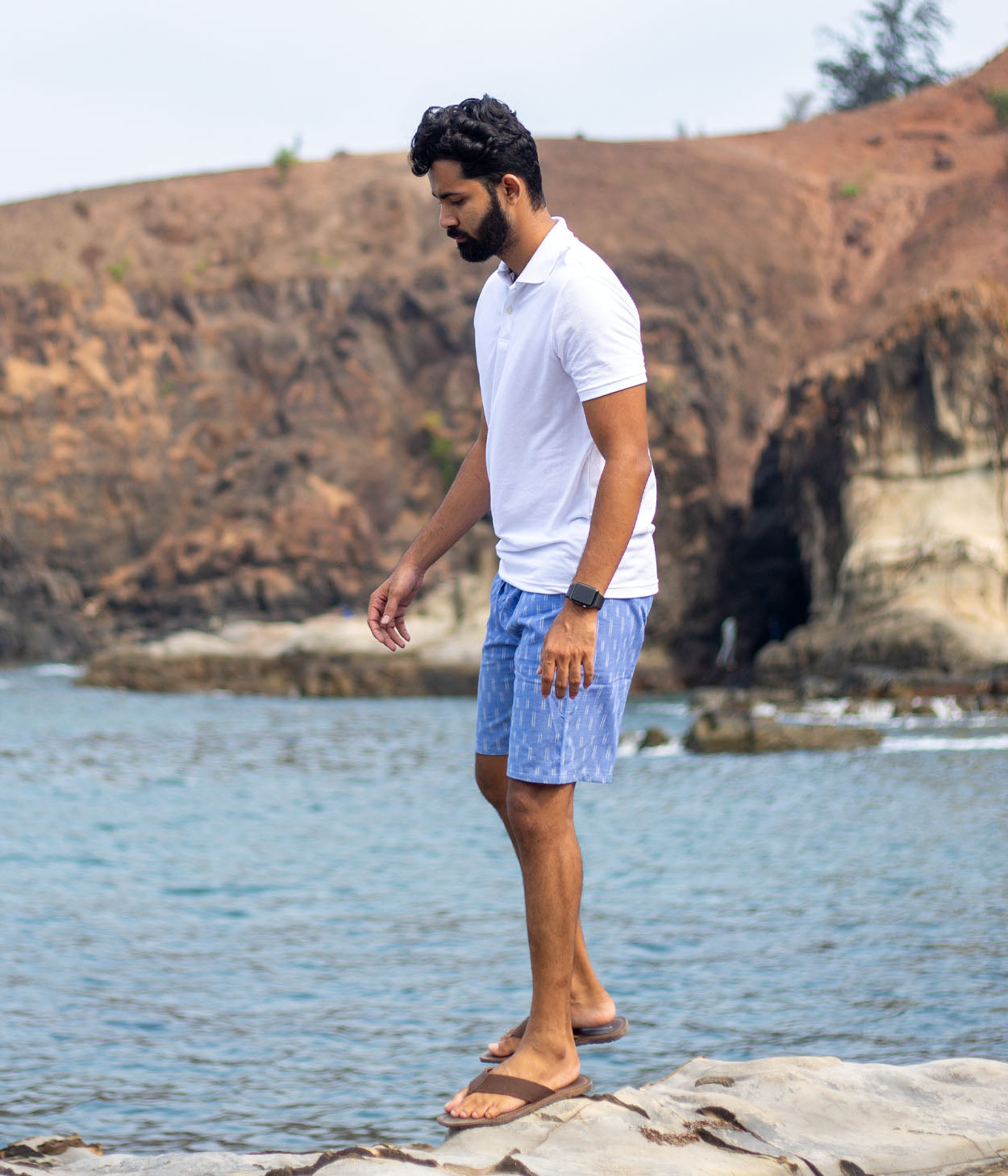 Faded Blue-White Patterned Ikat Mens Shorts