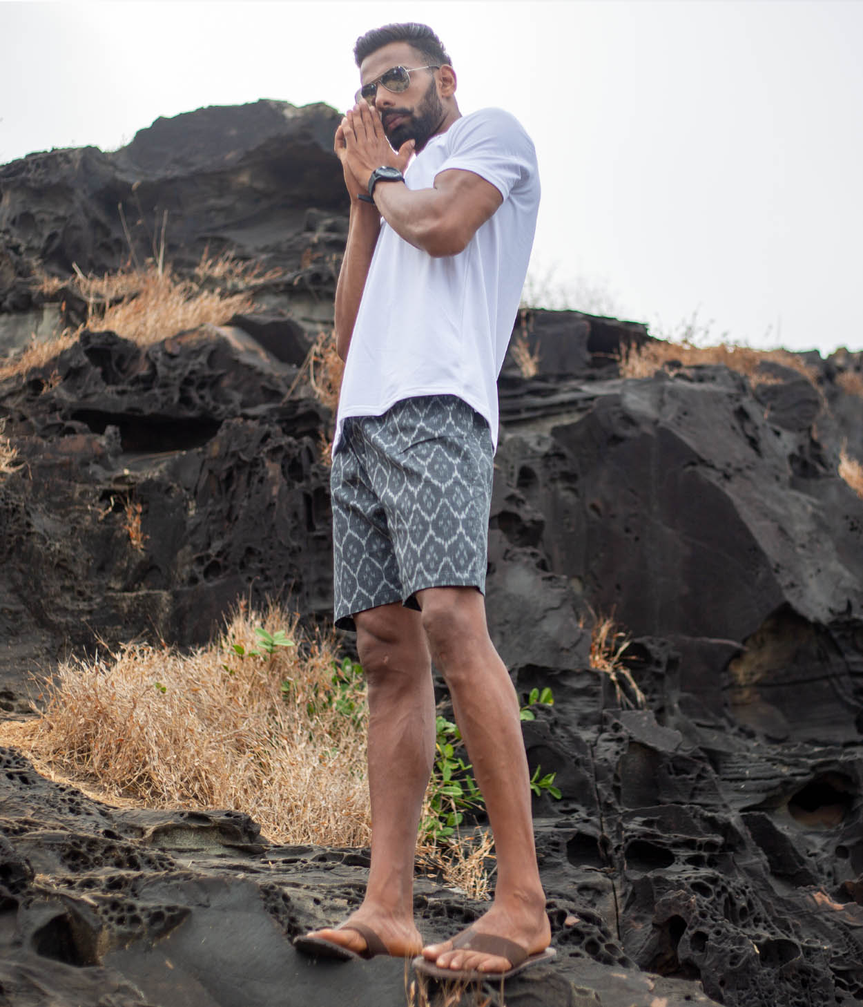 Grey Honeycomb Patterned Ikat Mens Shorts