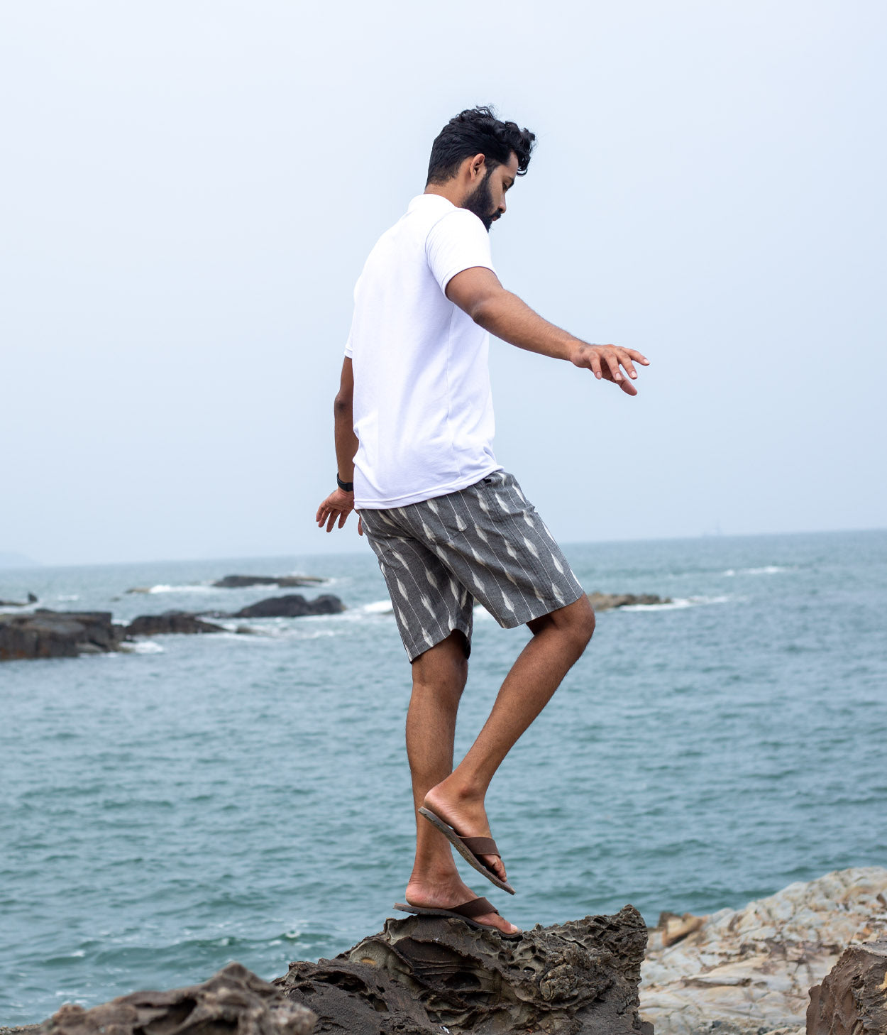 Grey-White Striped Ikat Mens Shorts