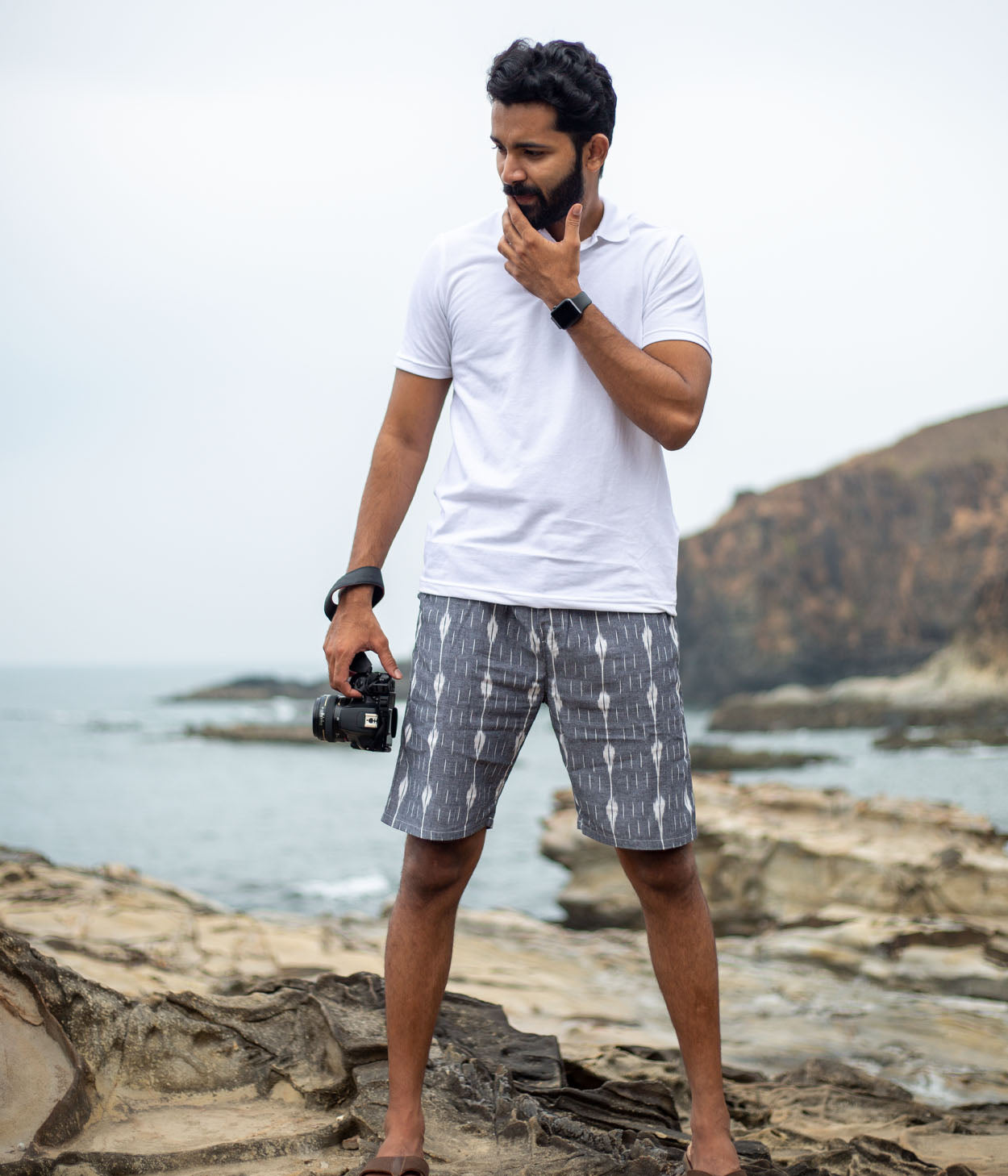Grey-White Striped Ikat Mens Shorts