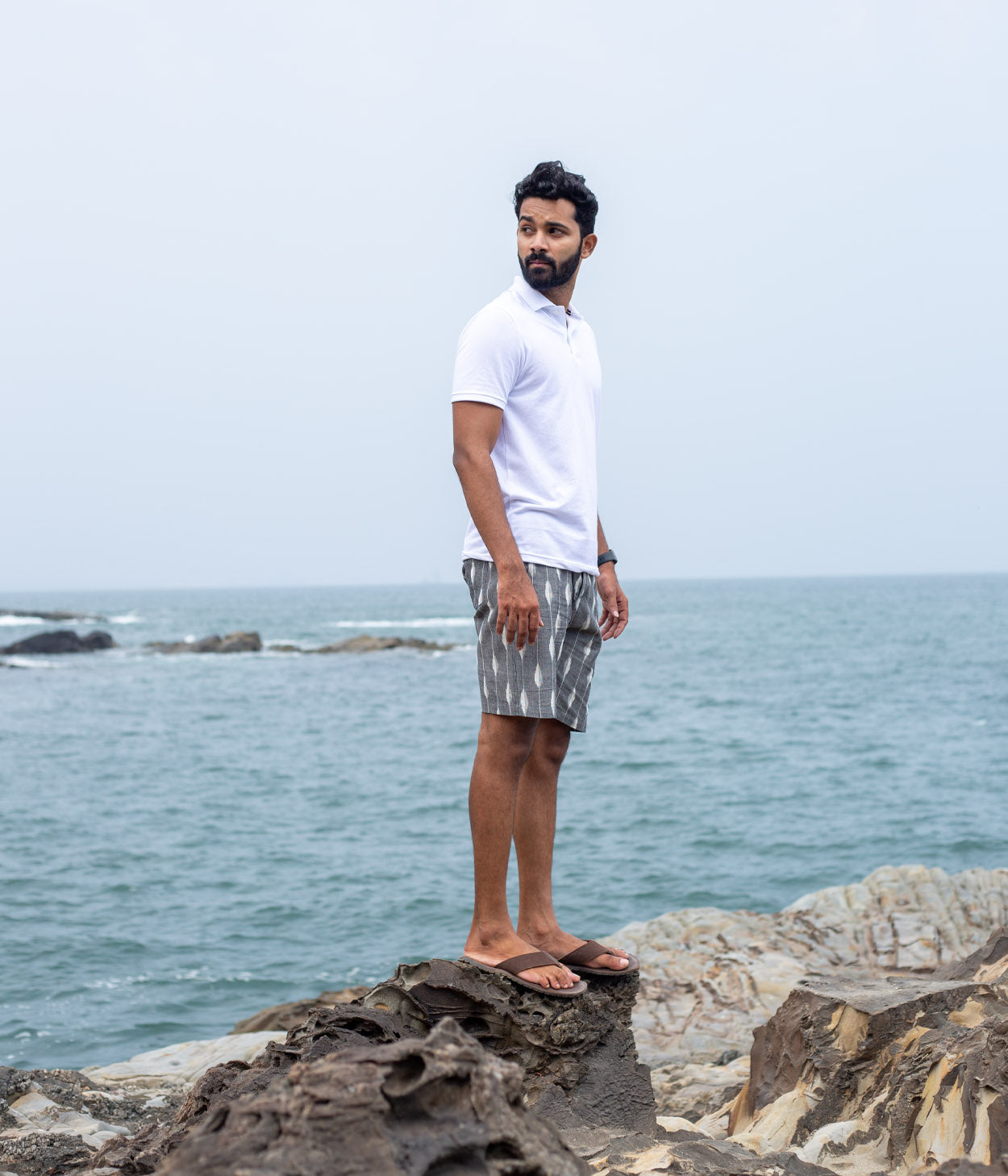 Grey-White Striped Ikat Mens Shorts