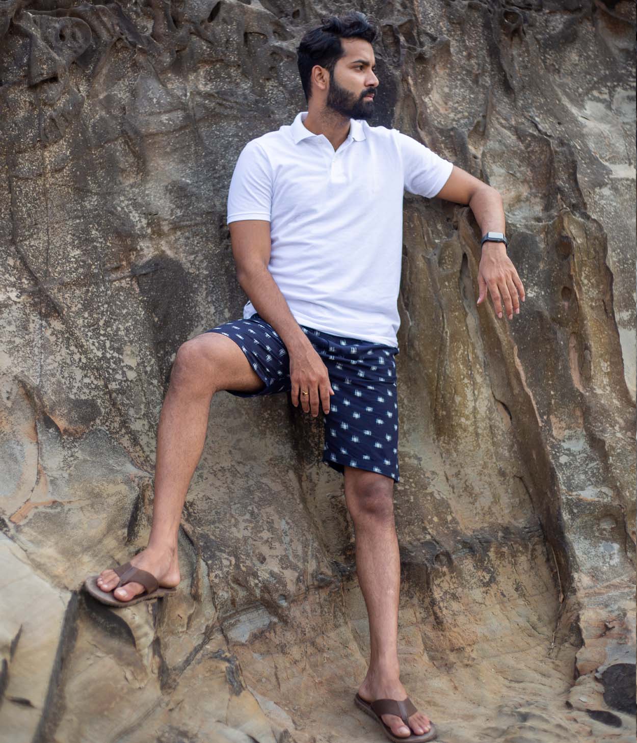 Navy-White Patterned Ikat Mens Shorts