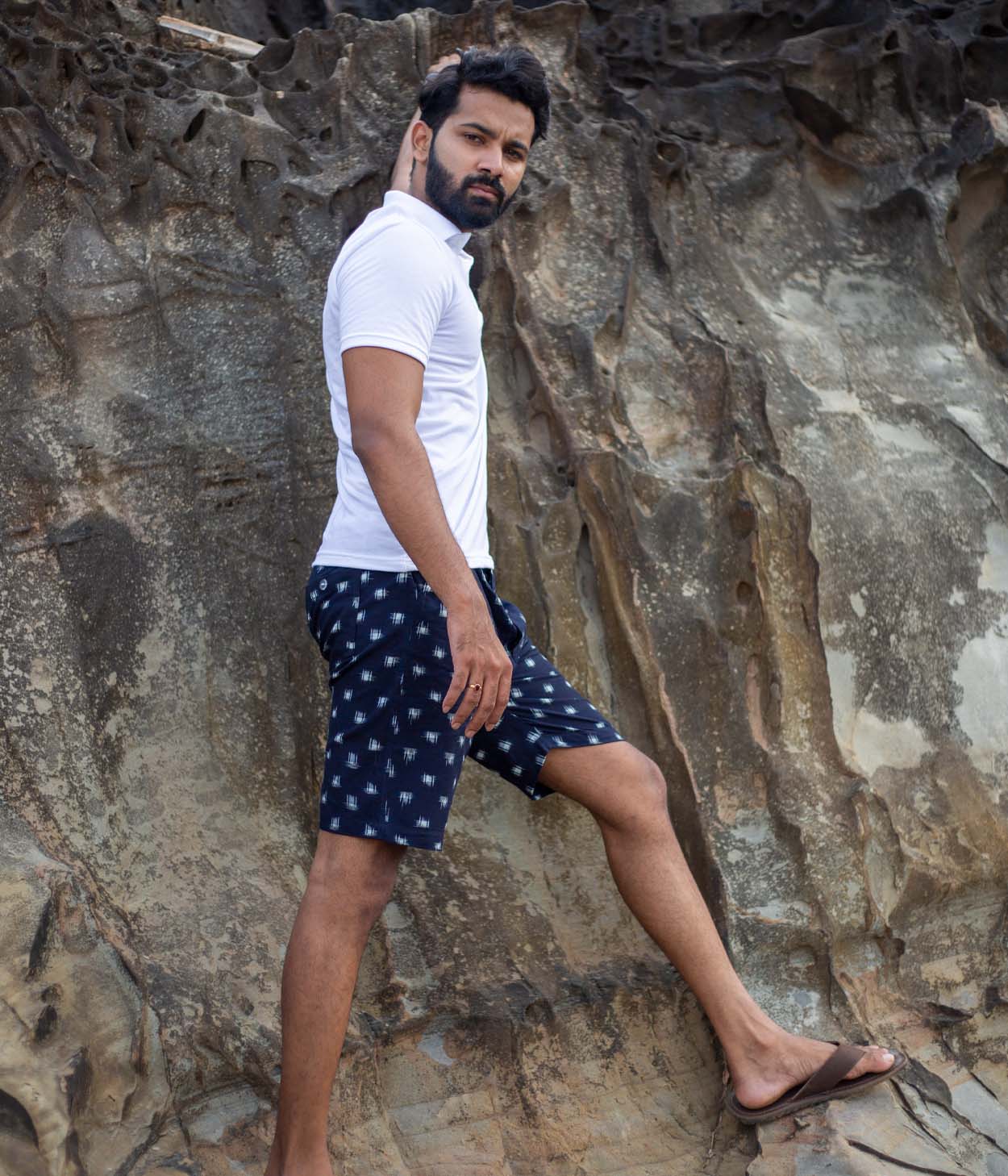 Navy-White Patterned Ikat Mens Shorts