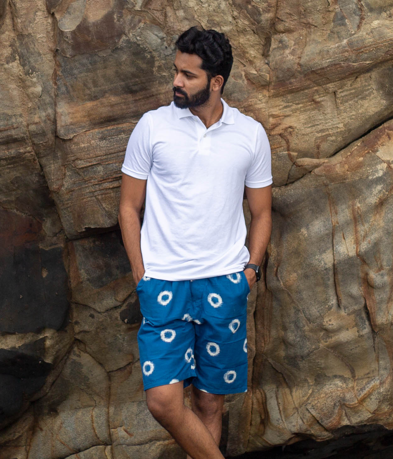 Teal-White Circles Ikat Mens Shorts