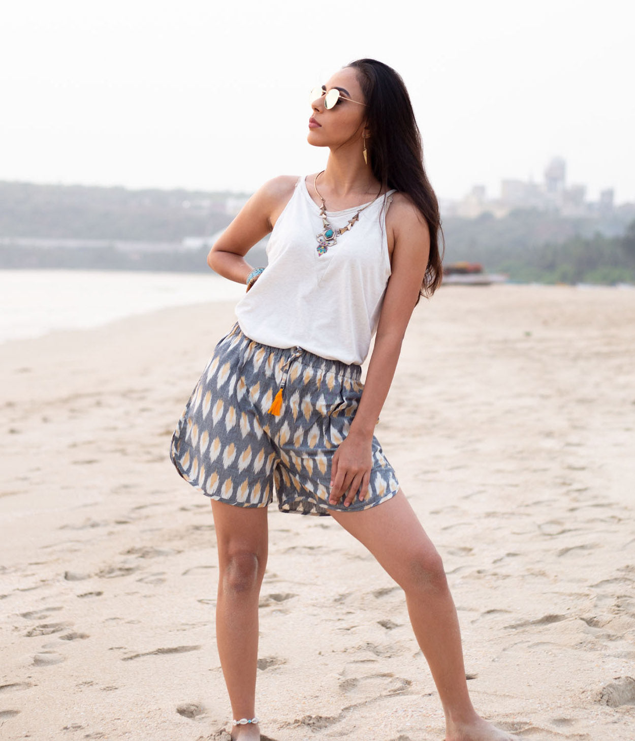 Yellow-Grey Ikat Womens Shorts