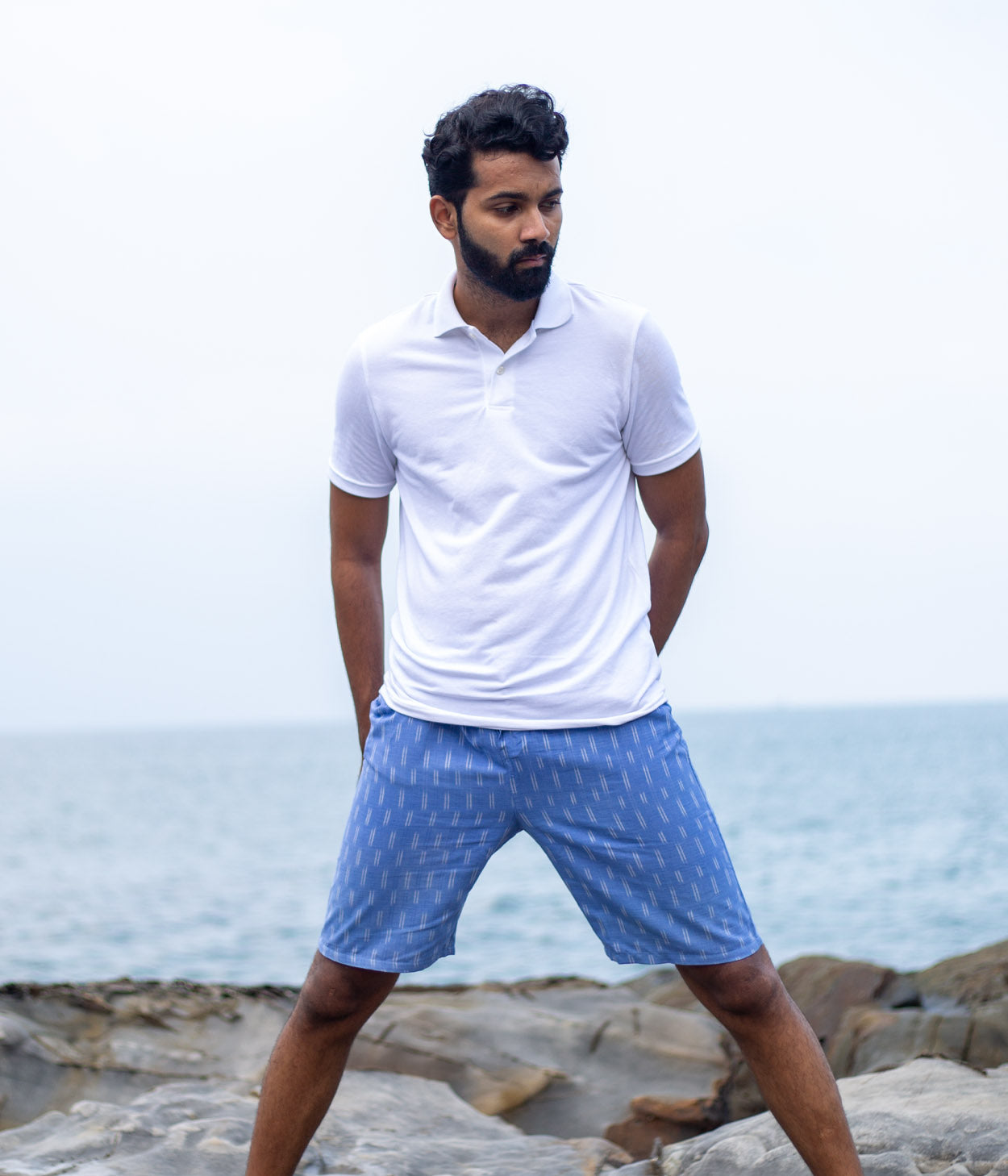 Faded Blue-White Patterned Ikat Mens Shorts